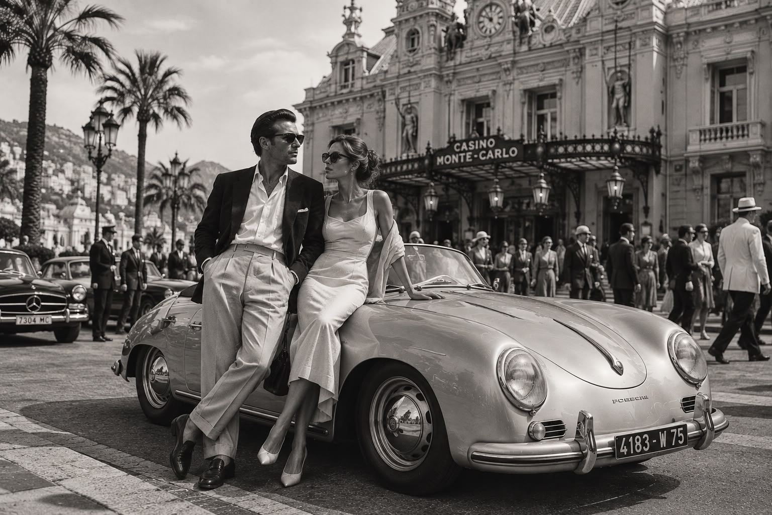 A couple beside a vintage sports car outside the Casino de Monte-Carlo